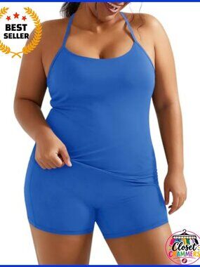 Aoysky Plus Size Workout 2 Piece Set Halter Tank Top & Biker Shorts Seamless